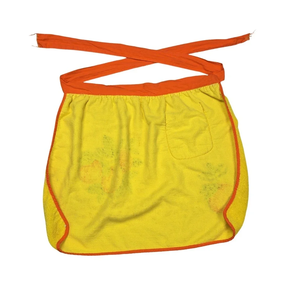 Vintage 70s Yellow Terry Cloth Half Apron Orange Fruit Floral Retro Kitchen